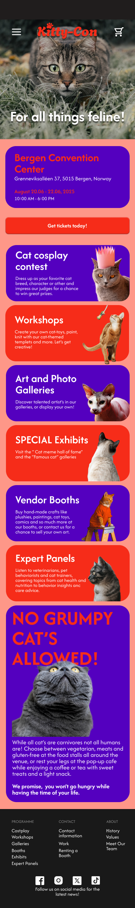 Mobile webpage for a cat-themed event, featuring a large image of a cat with green eyes at the top, event details for Bergen Convention Center in Norway, and sections for activities such as cat cosplay contest, workshops, art galleries, exhibits, vendor booths, and expert panels, all with colorful icons and images of cats.