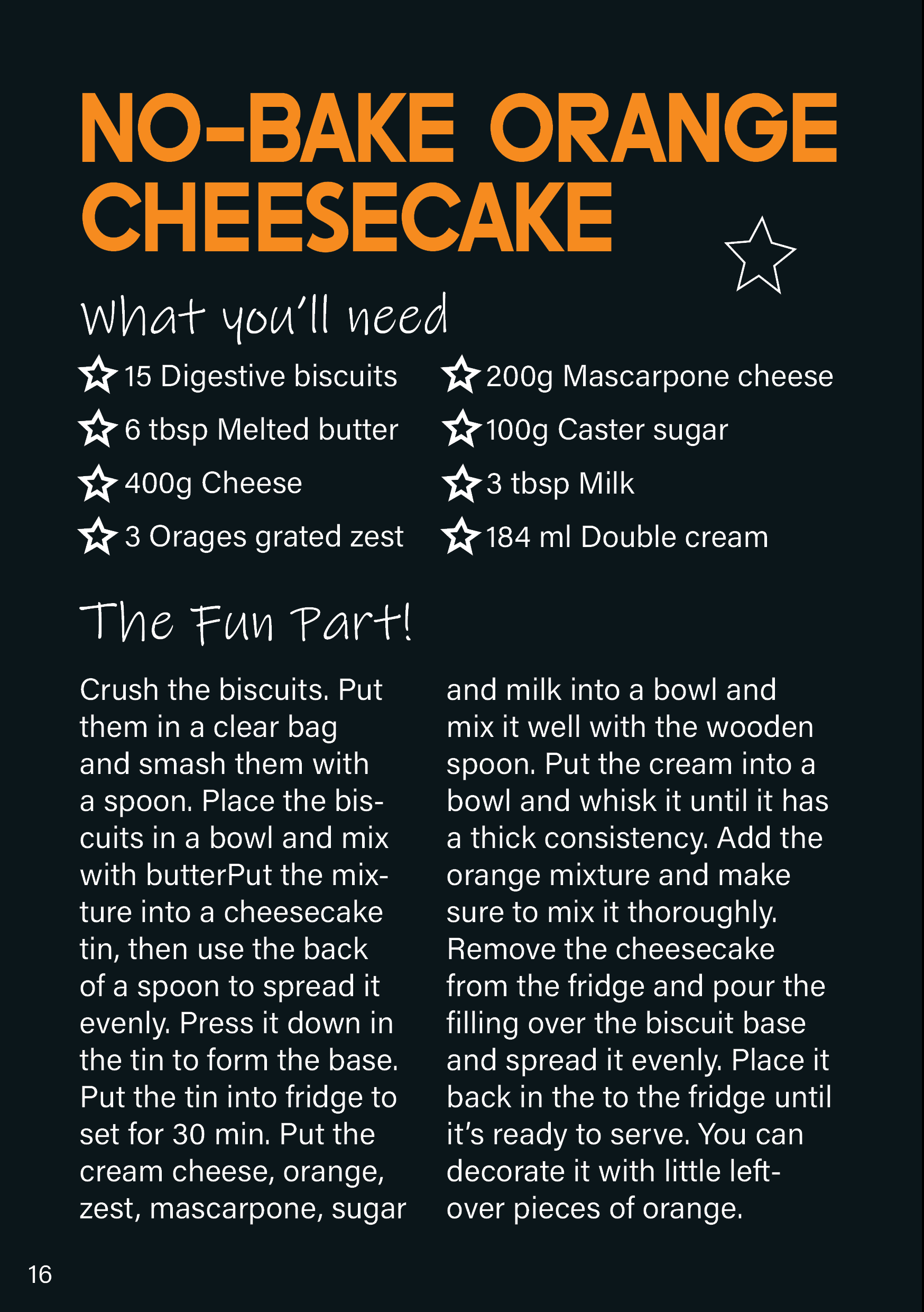 Recipe for no-bake orange cheesecake with ingredients listed and preparation instructions.