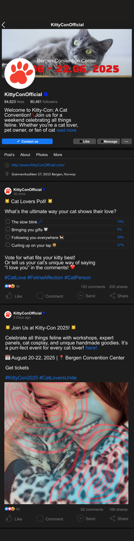 Facebook post promoting Kitty-Con 2025 at Bergen Convention Center, Norway, featuring a photo of a person and a cat with digital overlays.