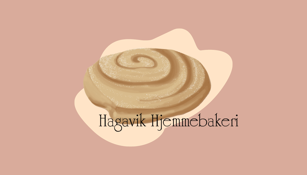 Illustration of a cinnamon roll with the text 'Hagavík Hjemmebakeri' on a pink and cream background.