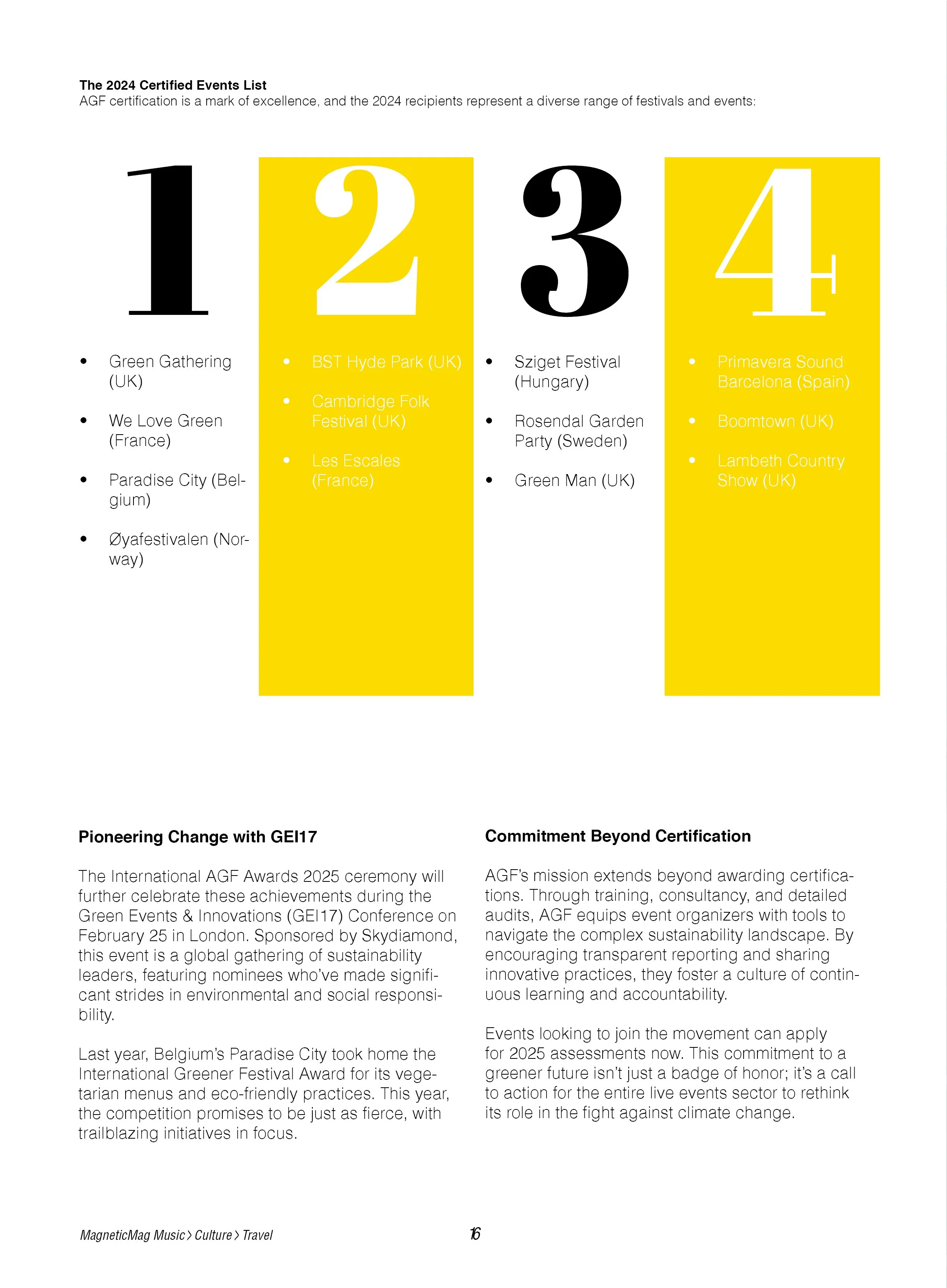 Page from a document or magazine with the title "The 2024 Certified Events List," listing various festivals and events in the UK, France, Hungary, Sweden, and Spain, with a yellow background behind the numbers 2 and 4.