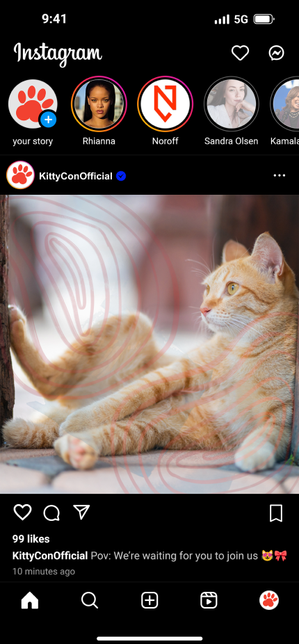 Instagram feed showing profile icons and a post from KittyConOfficial featuring an orange tabby cat lying on a surface, with a background of a blurred window and some curtains.