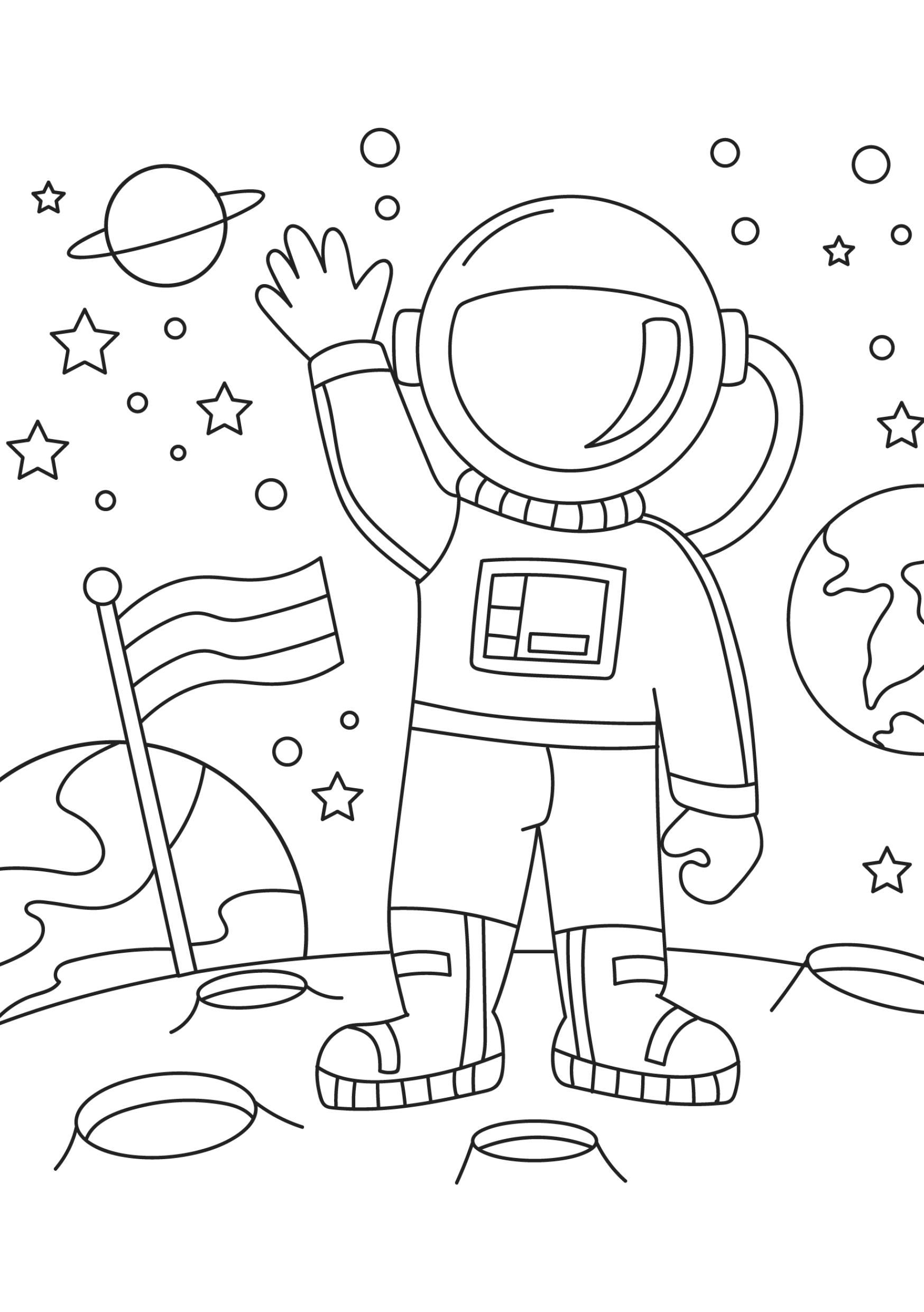 A line drawing of an astronaut standing on the moon, waving, with Earth, stars, planets, and a flag in the background.