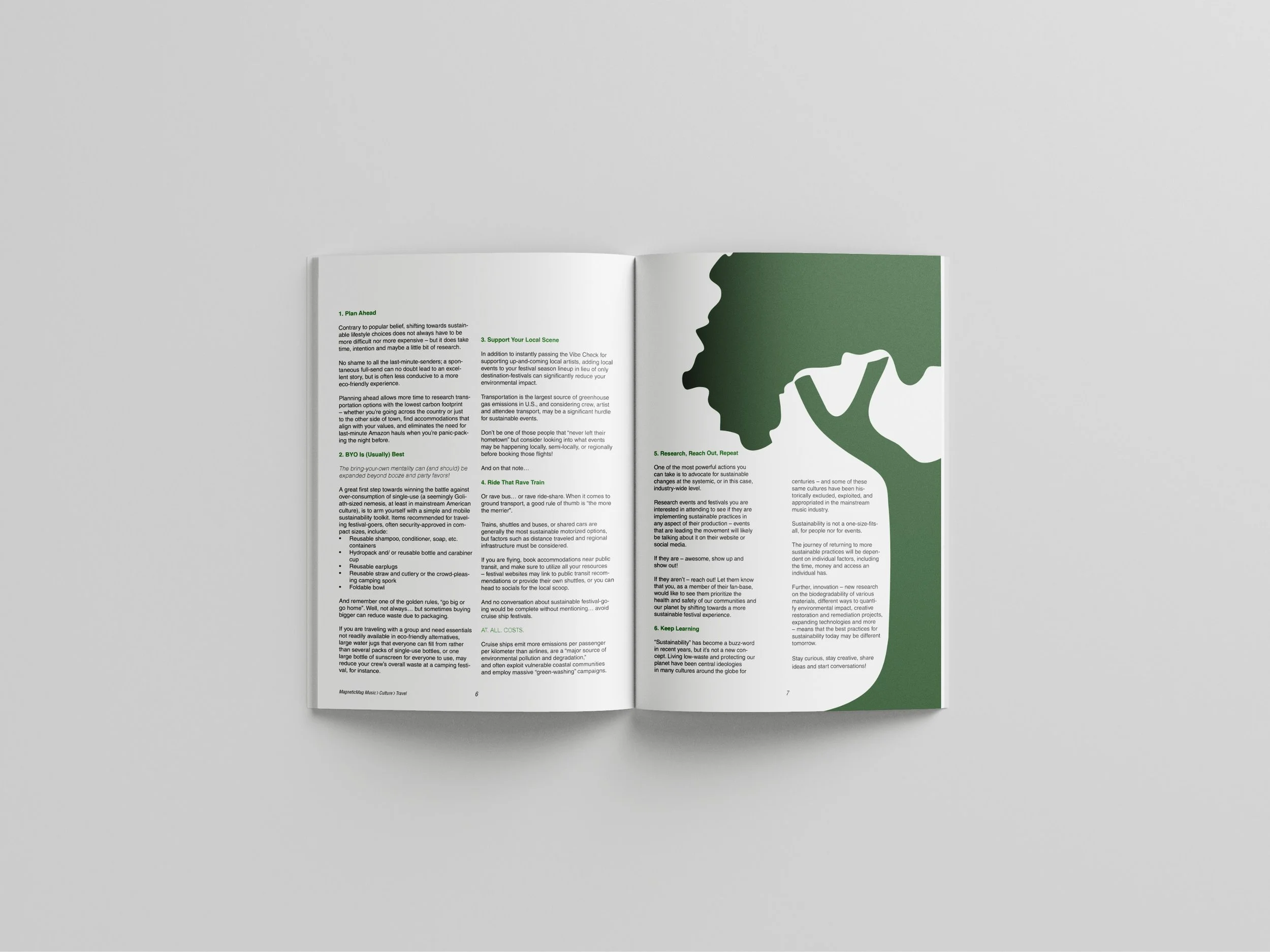 Open magazine with green and white pages, featuring a large green silhouette of a person's profile and bold green section headers.