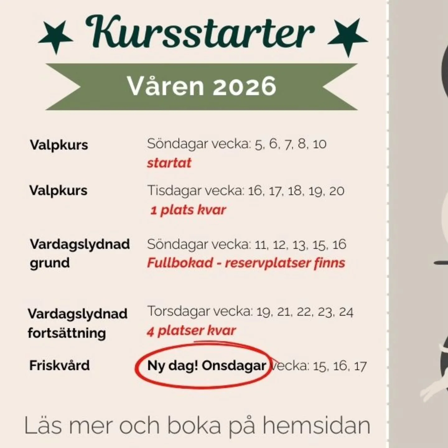 Bara 1 plats kvar p&aring; valpkursen som b&ouml;rjar vecka 16 🫢✨ 

Blir den din? F&ouml;rst till kvarn!

Tisdagar fr&aring;n v 16: 17.30-19.30

Boka plats g&ouml;r du p&aring; www.beavercreek.se