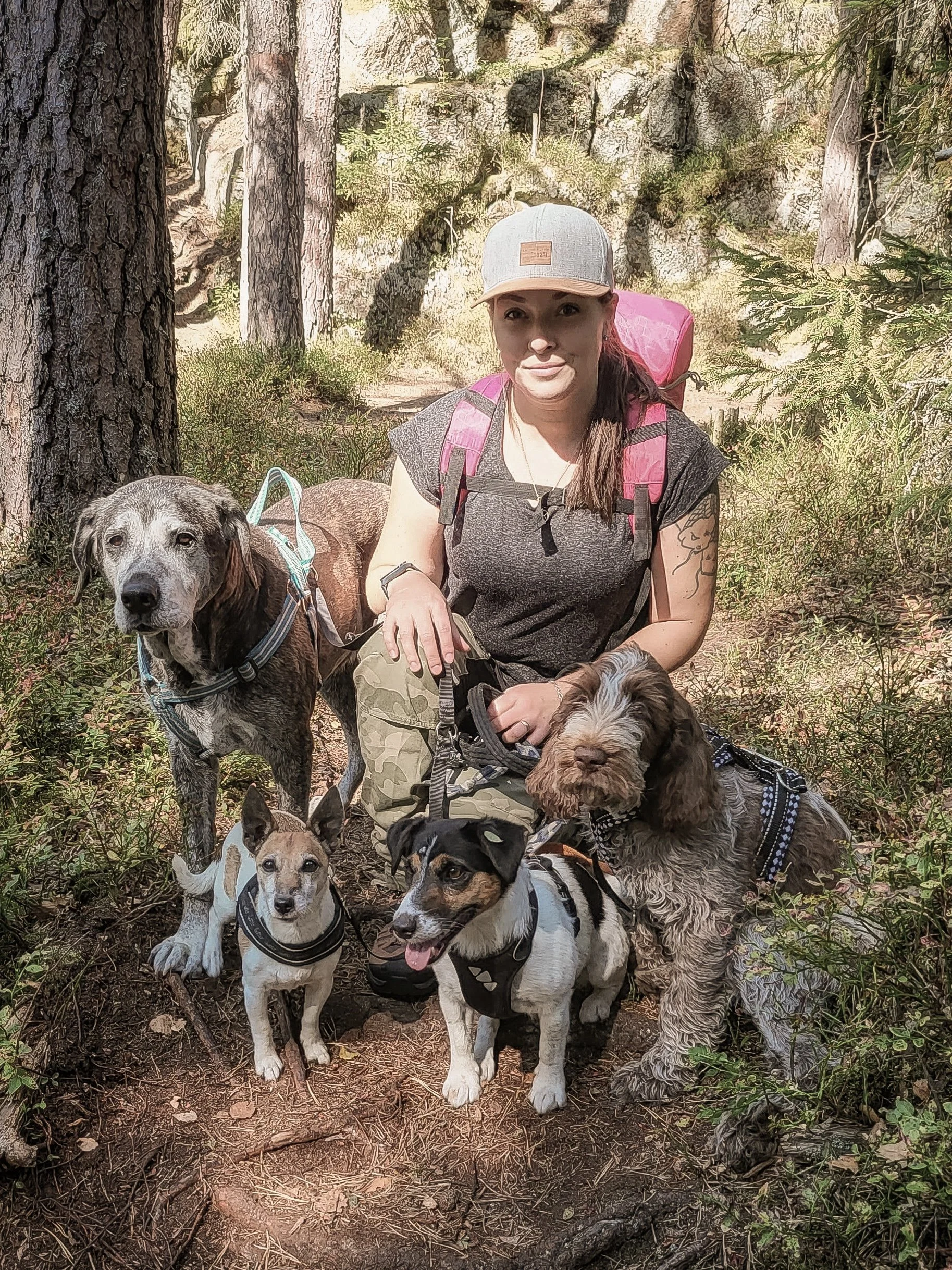 A woman with a pink backpack and a gray cap kneeling in a forested area surrounded by five dogs, including a large brown and gray dog, a small white and tan dog, a tricolor dog, and a brown and white curly-haired dog.