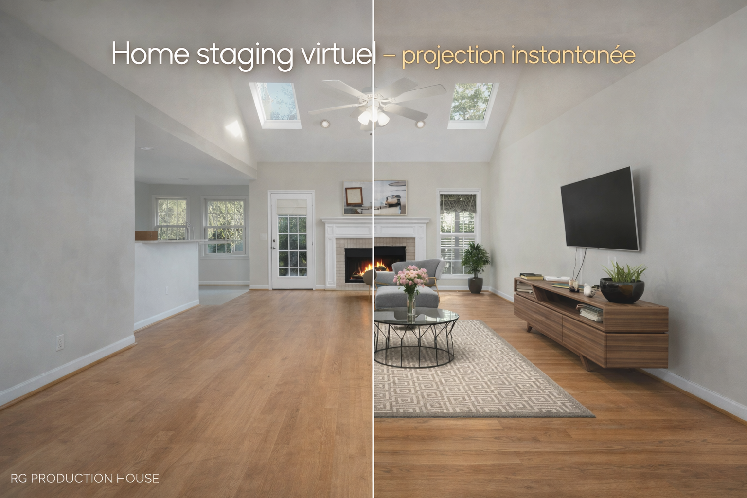 Salon contemporain avec cheminée, canapé gris, table en verre avec fleurs, cheminée allumée, deux fauteuils en face, télévision montée sur le mur, sol en bois, tapis beige et meuble en bois