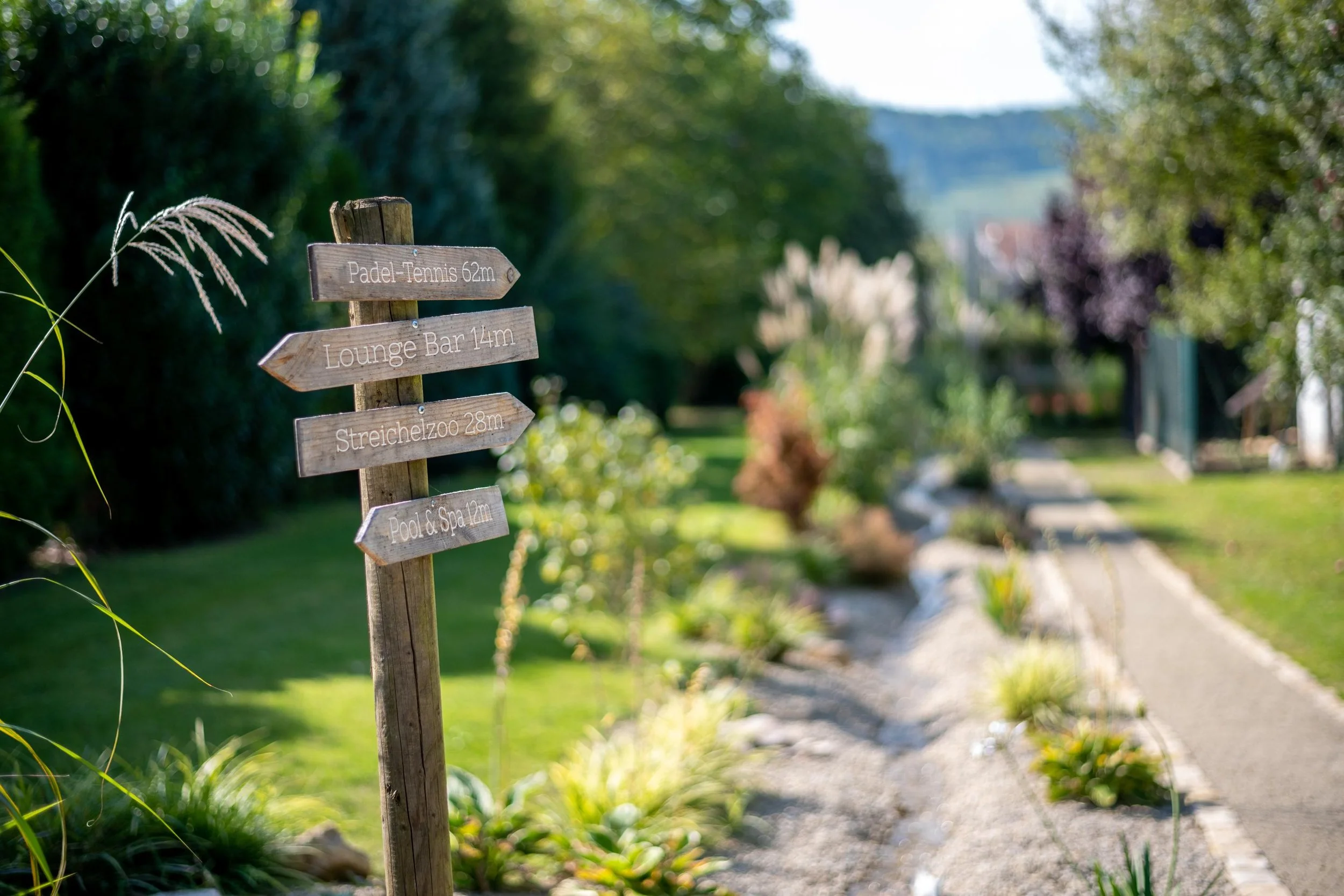Un panneau en bois avec des indications vers diverses activités telles que le padel-tennis, le bar lounge, le zoo, et un spa, dans un jardin ensoleillé.