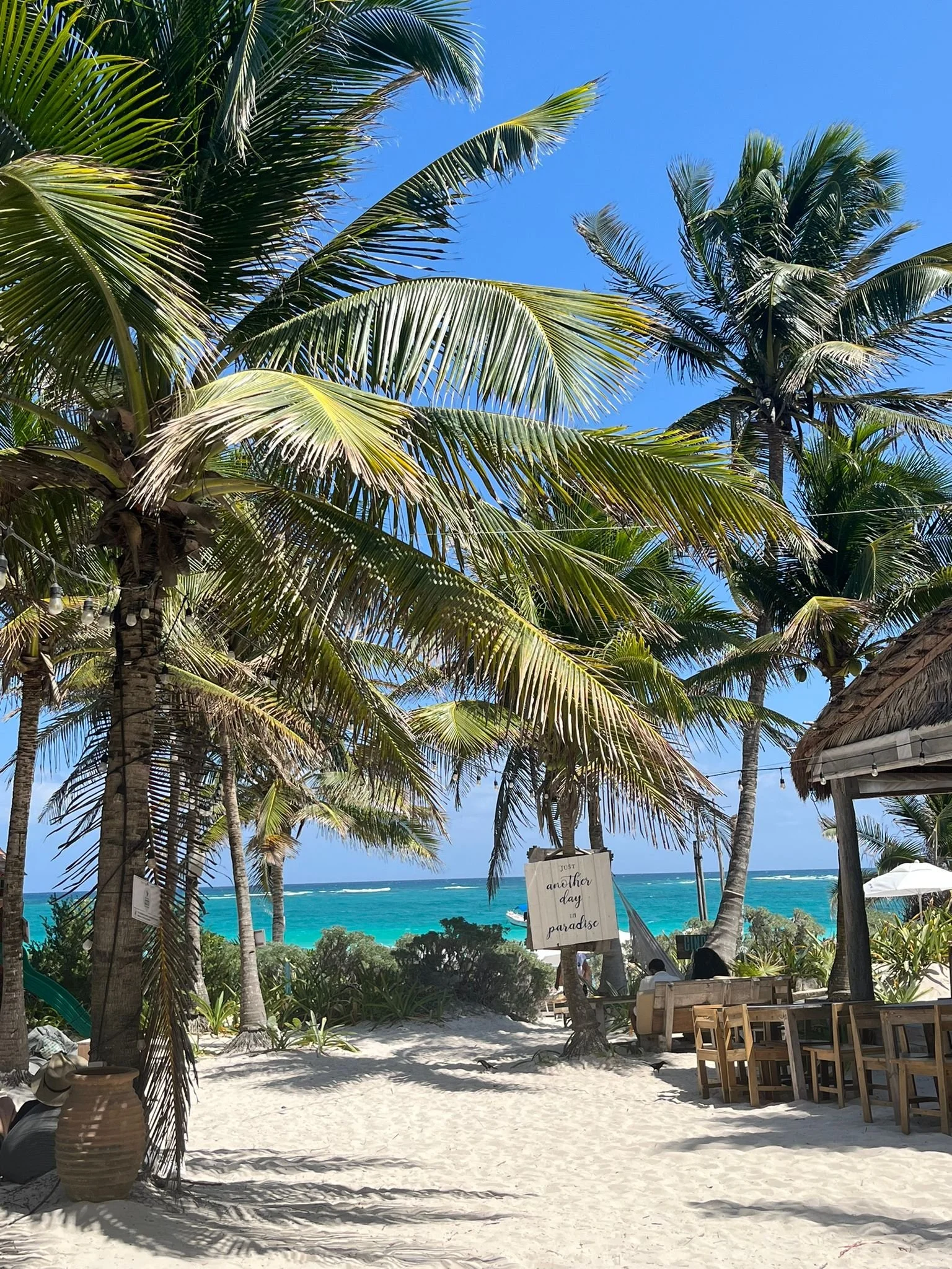 Der Cinco Tulum Beach Club ist ein absoluter Vibe. Man kann hier Stunden am weißen Sandstrand verbringen und unglaublich gute Margaritas trinken.