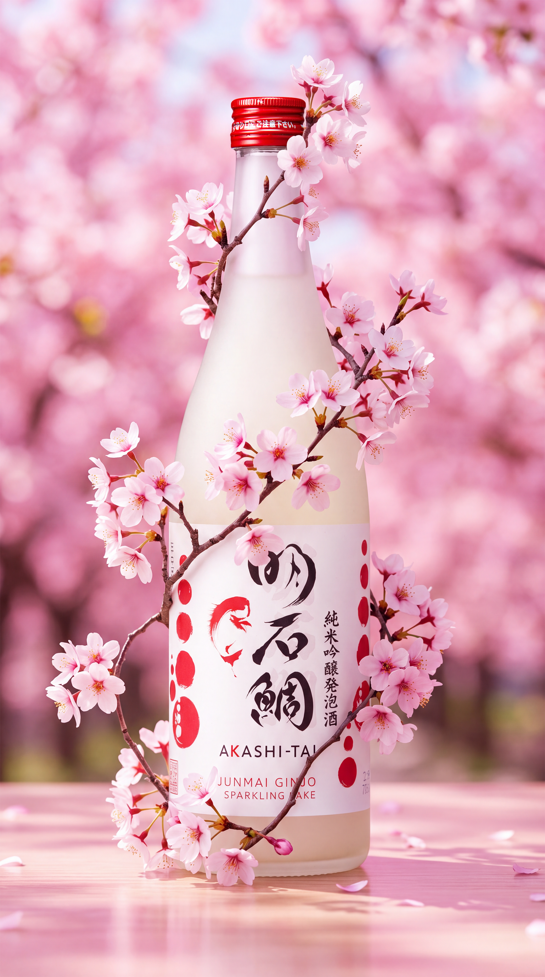 A bottle of sparkling sake labeled AKASHI-TAI surrounded by blossoming cherry branches with pink cherry blossoms and petals in the background.