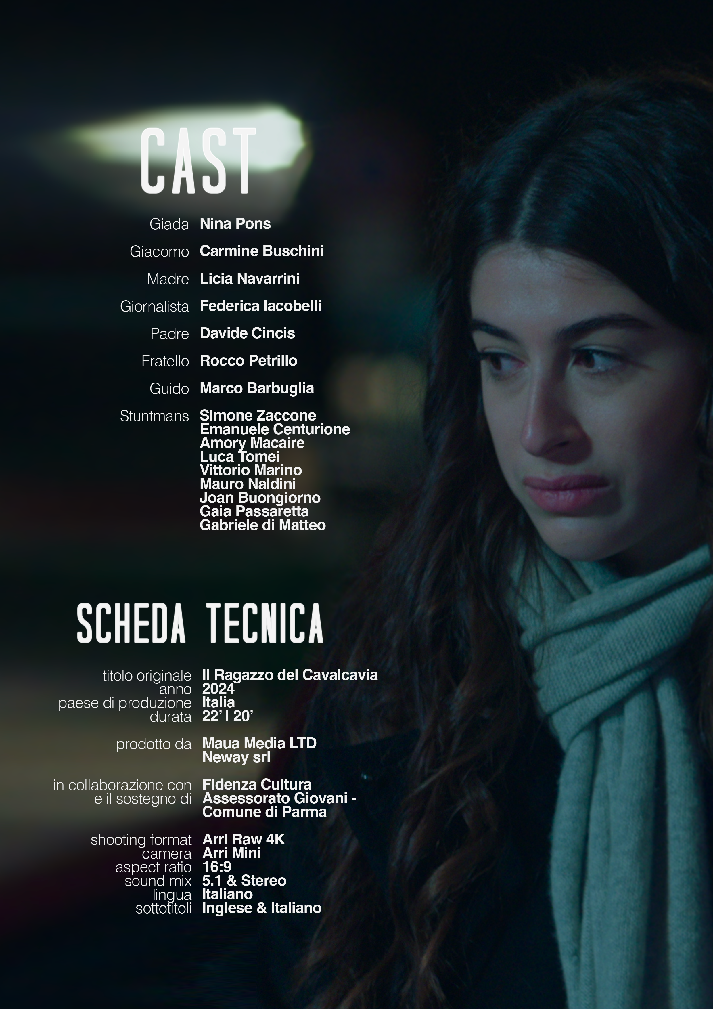 Titolo e credits di un film chiamato 'Il Ragazzo del Cavalcavia', anno 2024, con dettagli tecnici e elenco del cast, che include Nina Pons, Carmine Buschini, Licia Navarrini, tra gli altri, con una foto di una donna dal volto pensieroso.