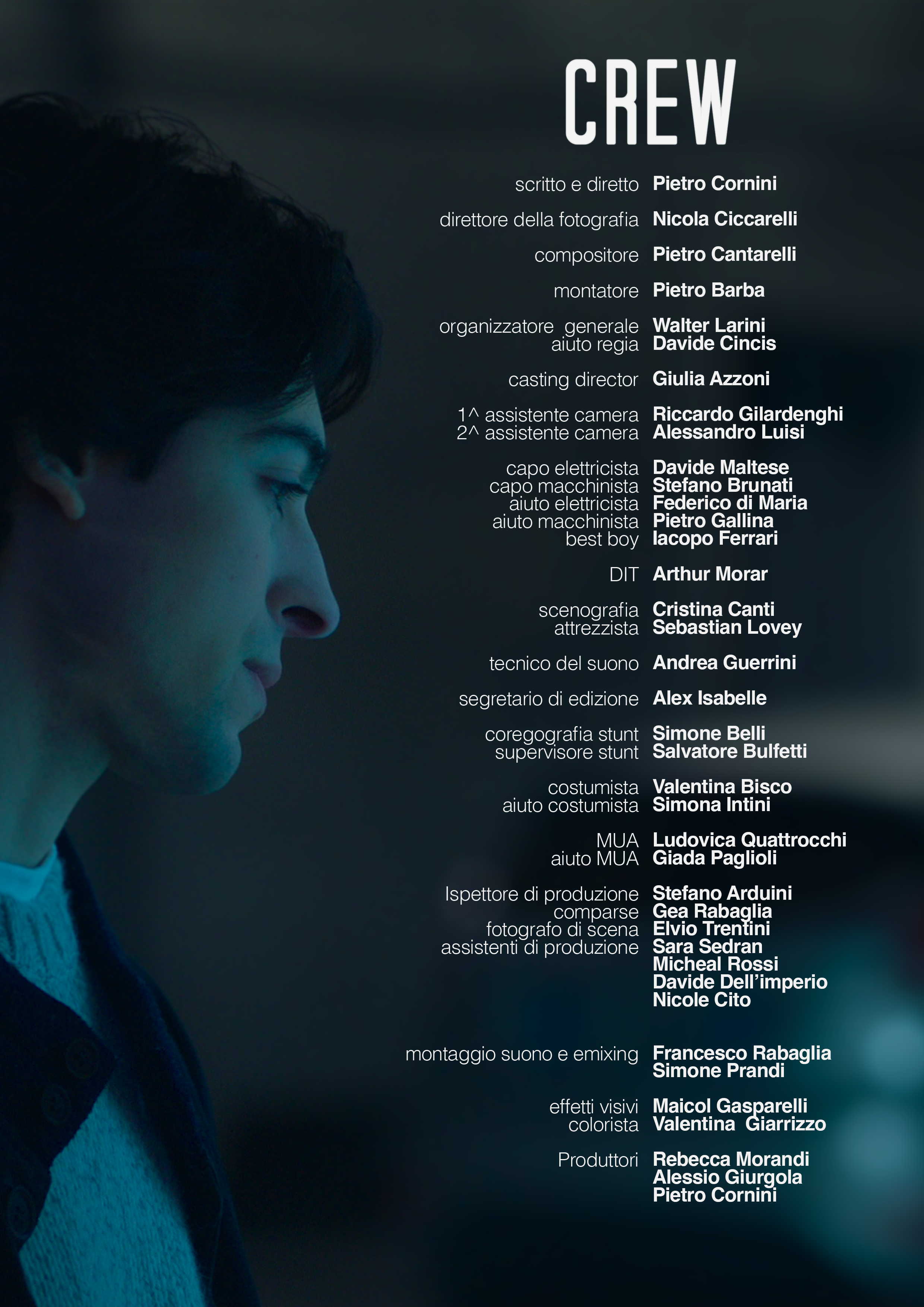 Crediti del film con immagine di un uomo in primo piano seduto con uno sfondo scuro