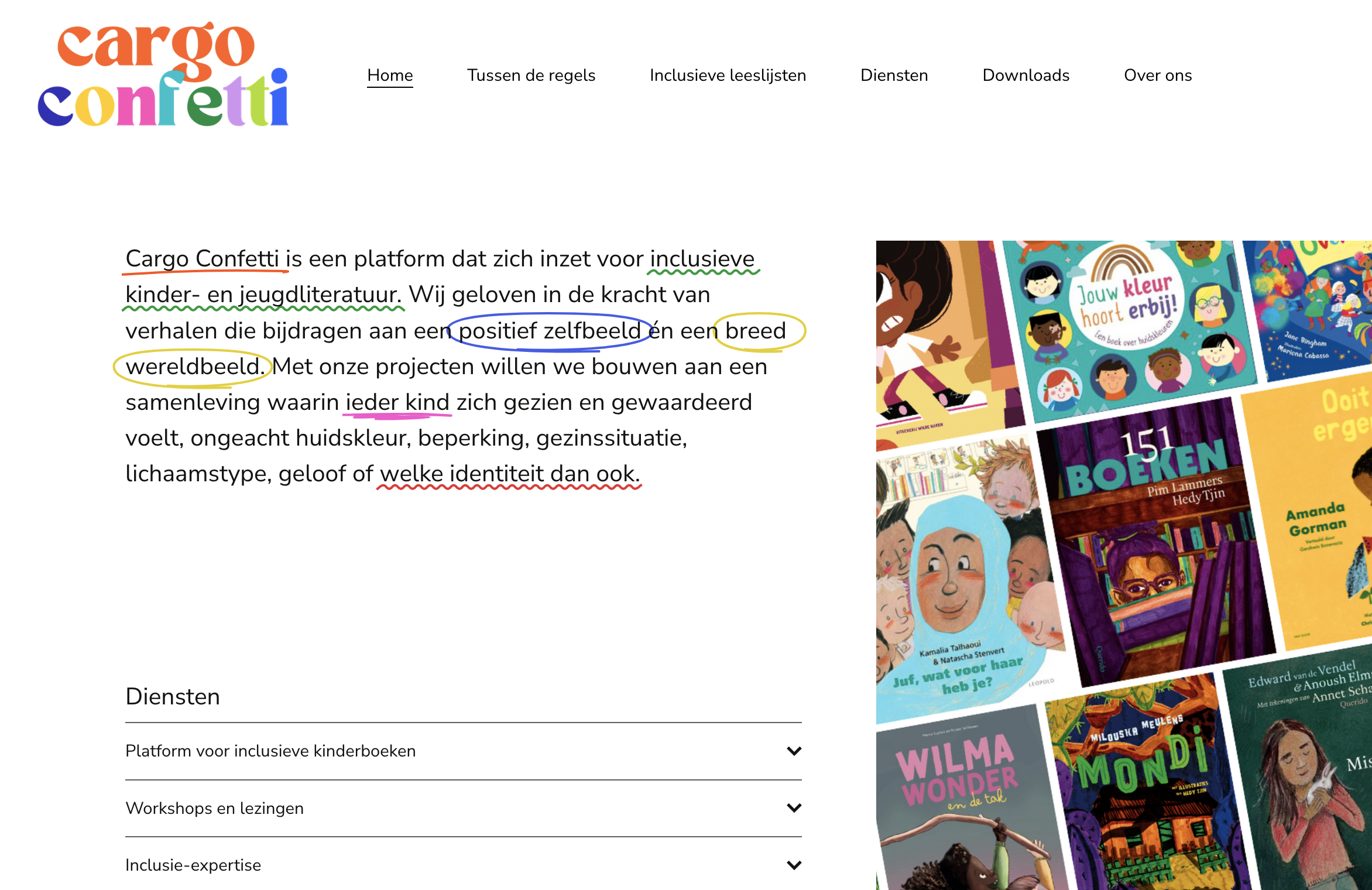 Screenshot van een website voor Cargo Confetti, een platform voor inclusieve kinder- en jeugdliteratuur, met een overzicht van boeken op de rechterkant.