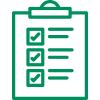 Green clipboard icon with three checked boxes and short horizontal lines, representing a completed checklist, evaluation form, or assessment results.