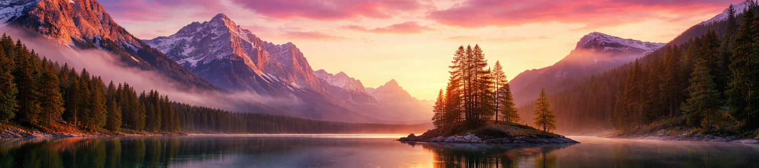Panoramic landscape of a calm mountain lake at sunrise, with snow-capped peaks, pine forests, and a small tree-covered island reflected in still water under a pink and orange sky.