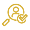 Gold icon showing a person inside a magnifying glass with a checkmark badge, representing candidate search, verified profile review, or validated talent matching.