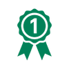 Green award ribbon icon with a circular medallion showing the number 1, representing first place, achievement, or verified excellence.