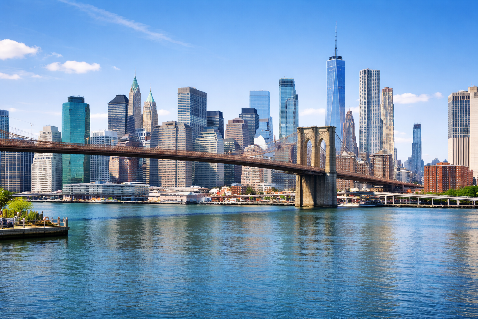 Panoramic view of the Manhattan skyline in New York City on a clear day, with the Brooklyn Bridge stretching across the foreground and dense clusters of tall skyscrapers rising behind it.