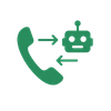 Green icon showing a phone handset with a dashed arrow pointing toward a small robot head, suggesting a phone call being routed to or handled by AI.