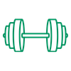 Green line icon of a dumbbell, representing strength, training, skill-building, or performance development.