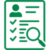 Green line icon of a checklist-style profile document with a person avatar, multiple checkmarks, and a magnifying glass, representing candidate screening, profile review, or verified talent evaluation.