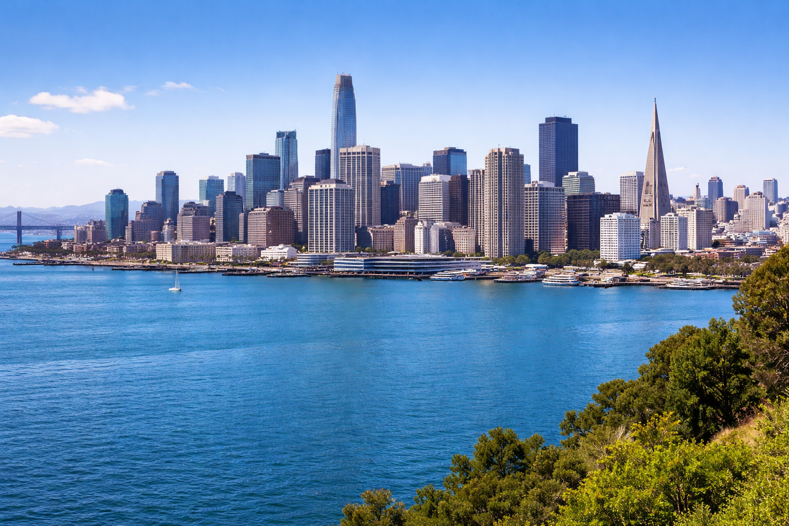 Daytime view of the San Francisco skyline across the bay, with blue water in the foreground and a cluster of downtown skyscrapers under a clear sky. The Transamerica Pyramid stands prominently on the right side of the skyline.