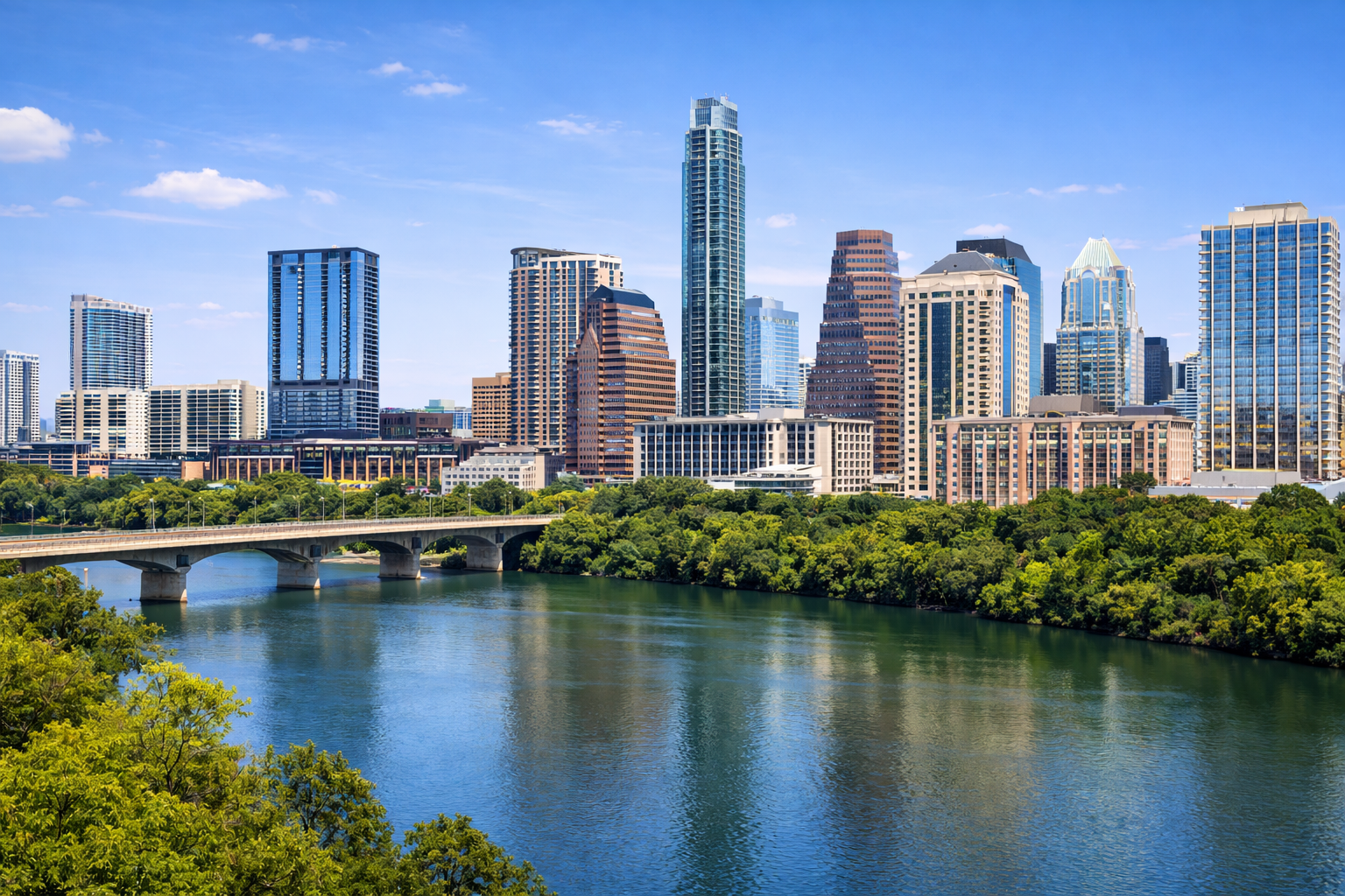 Panoramic view of the Austin skyline on a clear day, with modern high-rise buildings rising above a line of green trees and a bridge visible in the foreground.