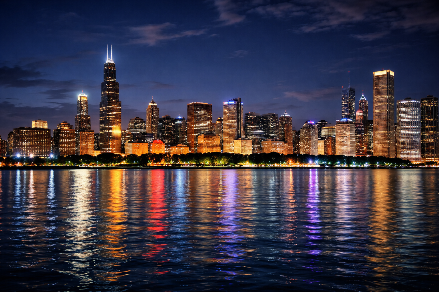 Nighttime panorama of the Chicago skyline, with illuminated skyscrapers lining the waterfront under a dark blue sky. Reflections of city lights shimmer on the water in the foreground, and the Willis Tower rises prominently on the left.