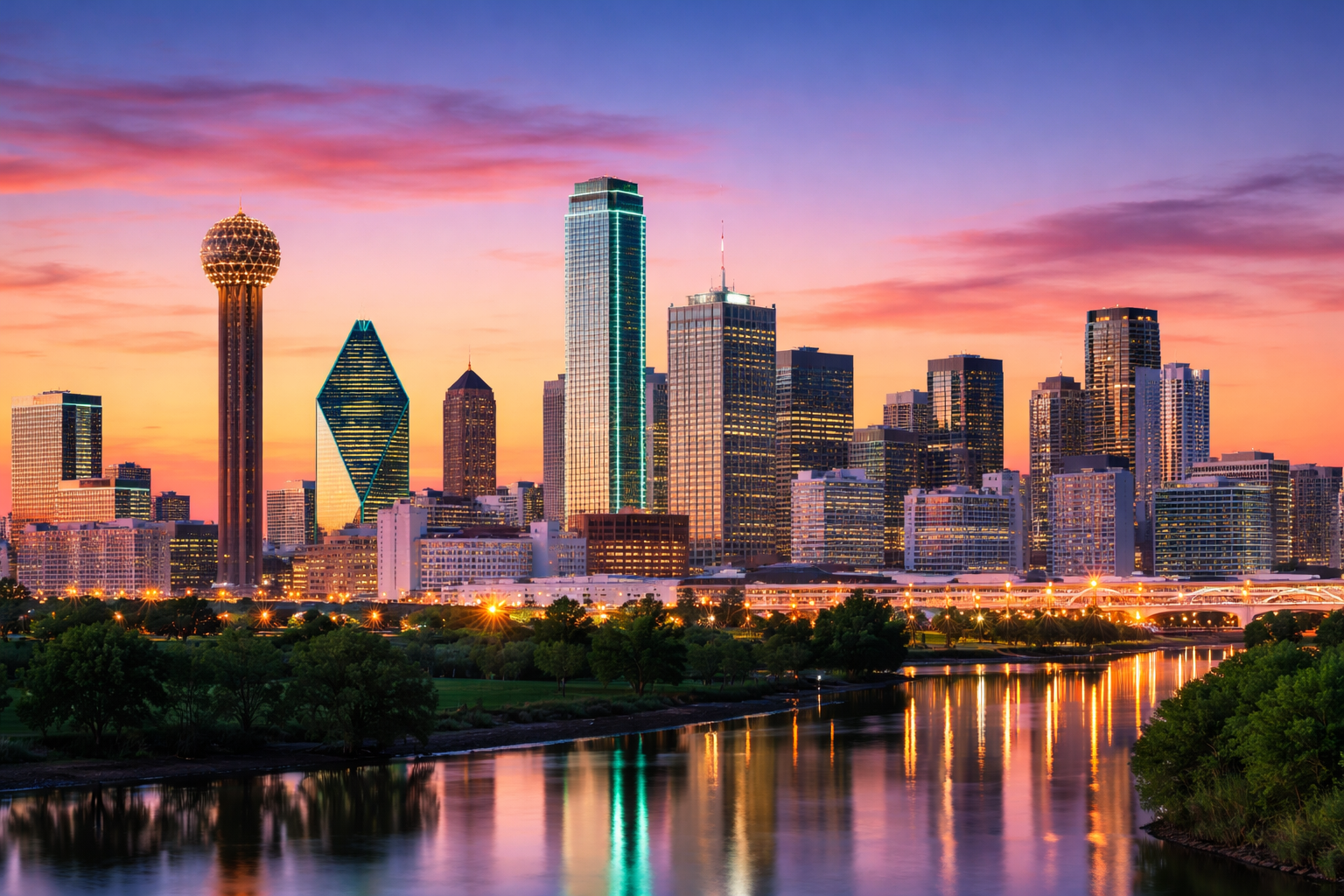 Wide image of the Dallas skyline at sunset, with downtown skyscrapers silhouetted against a pink and orange sky. Reunion Tower stands on the left, and city lights glow along the bottom of the scene.