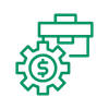 Green icon showing a dollar sign inside a gear beneath a horizontal bar, representing sales operations, revenue systems, pricing automation, or performance-driven business processes.