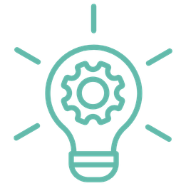Light bulb icon with gear inside, representing ideas and innovation.