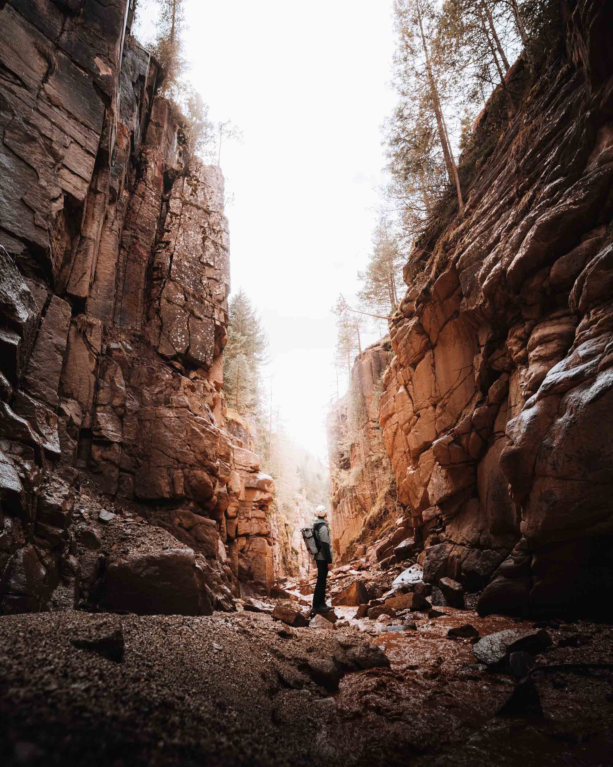 Person standing in a rocky canyon with tall cliffs and trees above, looking upward.
