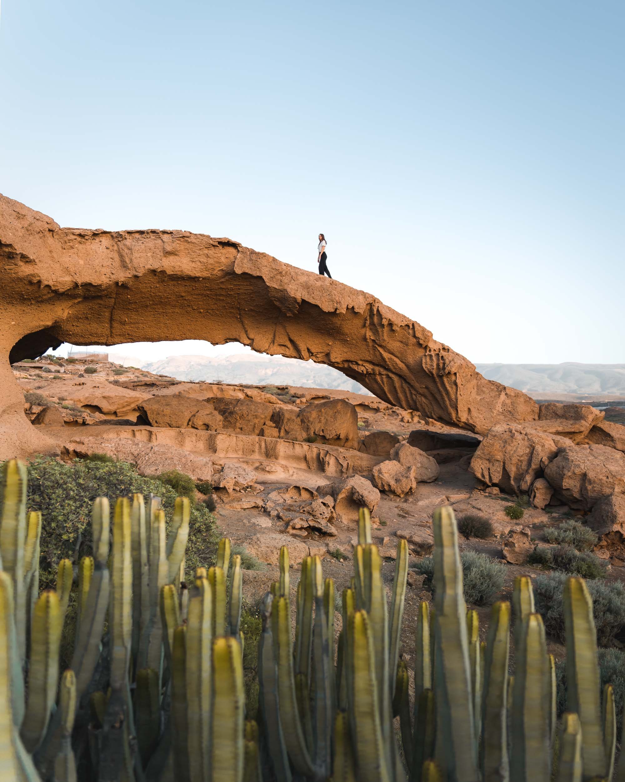 Person standing on a natural sandstone arch with cacti in the foreground, desert landscape in the background.