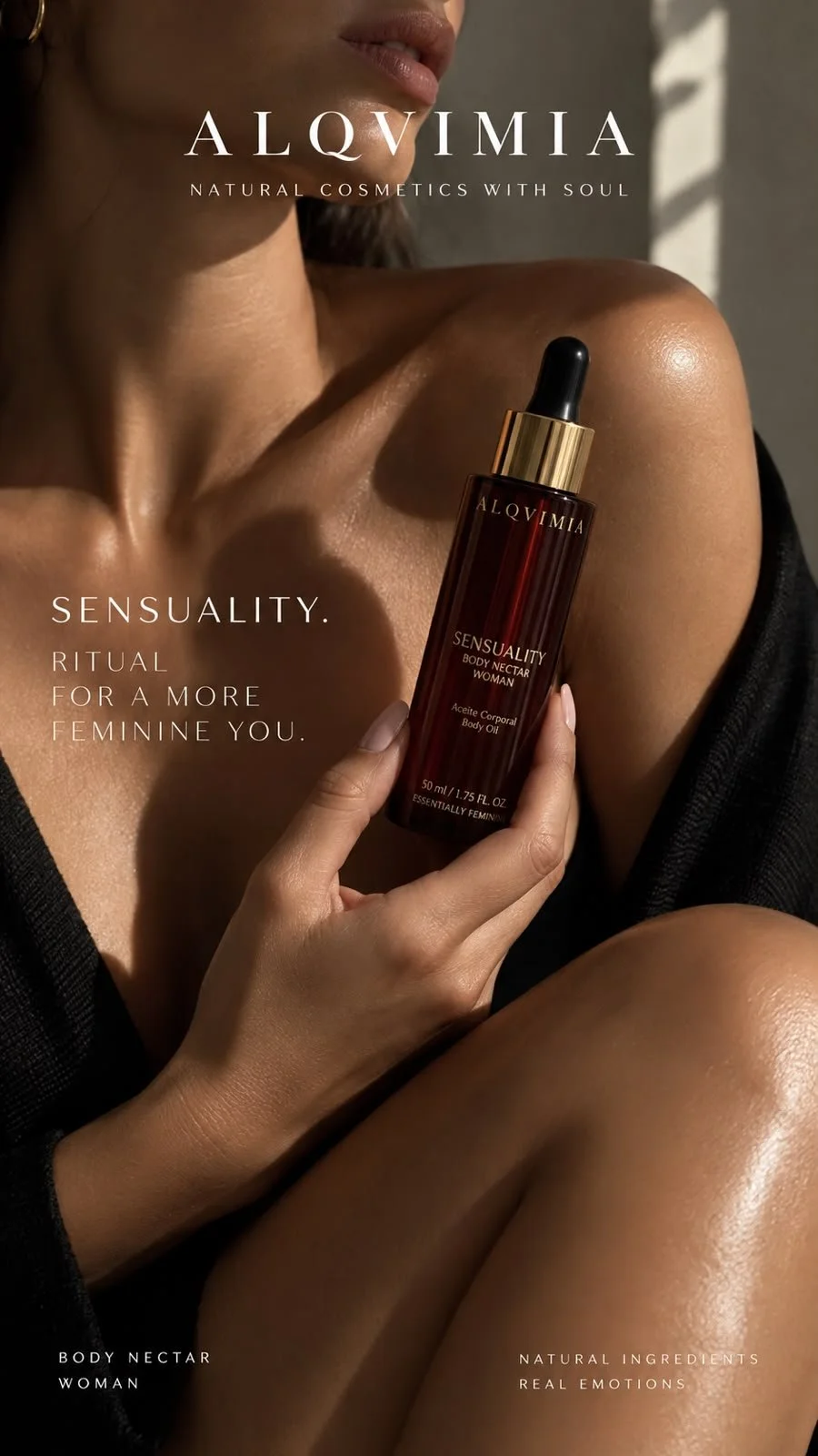 Advertisement for Alquimia Sensuality Body Nectar Woman, featuring a woman with glowing skin holding a bottle of body oil against her shoulder.
