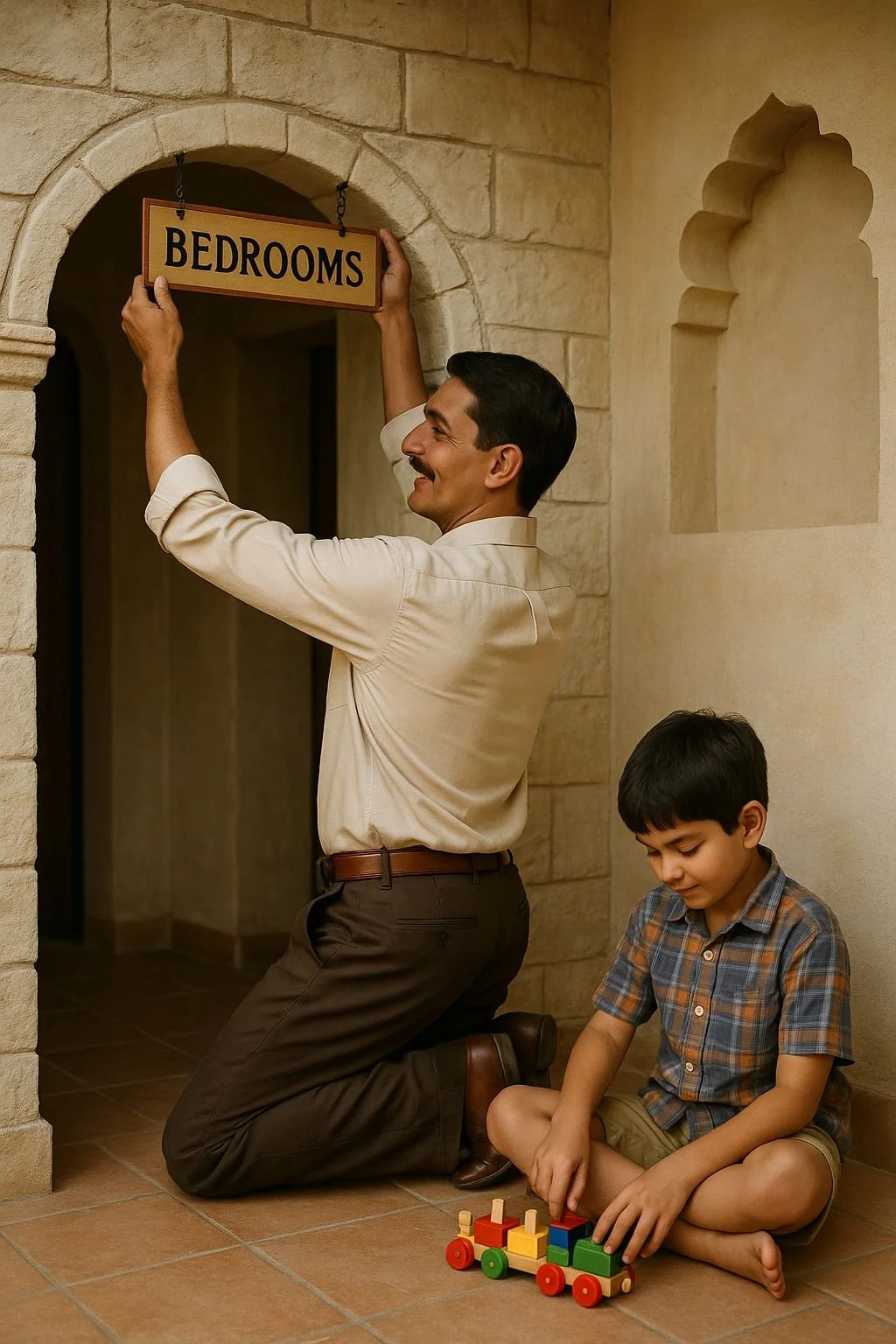 An Indian boy and his mother moving happily through a hotel courtyard