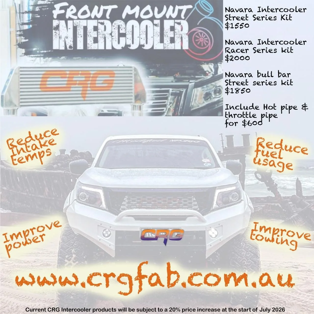 Wanna look cool??? 
That's just a side effect of a Navara CRG intercooler Upgrade. 

The real Benefits are reduced air temperatures entering engine from far better cooling of the charge air heated by the turbo chargers. 

What are the benefits of red