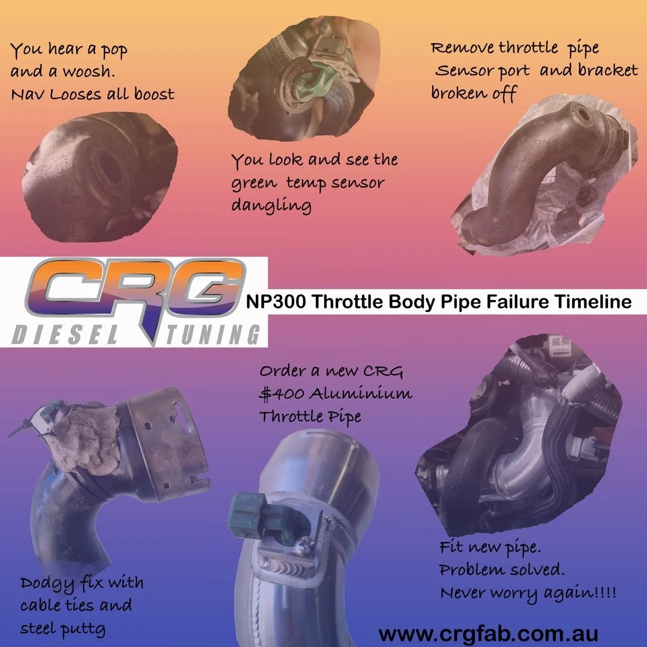 Navara owner?? Standard throttle pipe?? 

This one's for you. 
Don't get caught out. Plastic pipes FAIL any where any time. 

Most common failure time is on the beach or towing. Max heat Max stress. 

Our throttle pipe is:
✅All Aussie made. 
✅Custom 