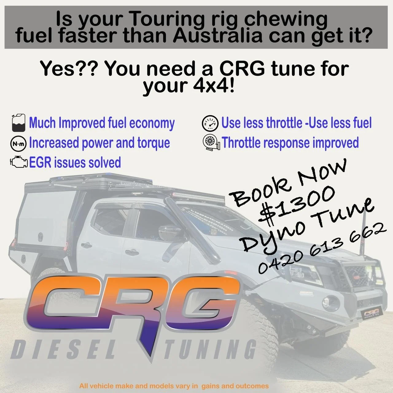 DOES YOUR RIG CHEW FUEL??? 

Get it tuned now. Save dollars on fuel. 

We see an avg of 2-4 litre per 100km improved fuel usage on most vehicles. 

Right now that's a saving of  about $1000000 per tank 😜 

Recent feedback from a customer Chris just 