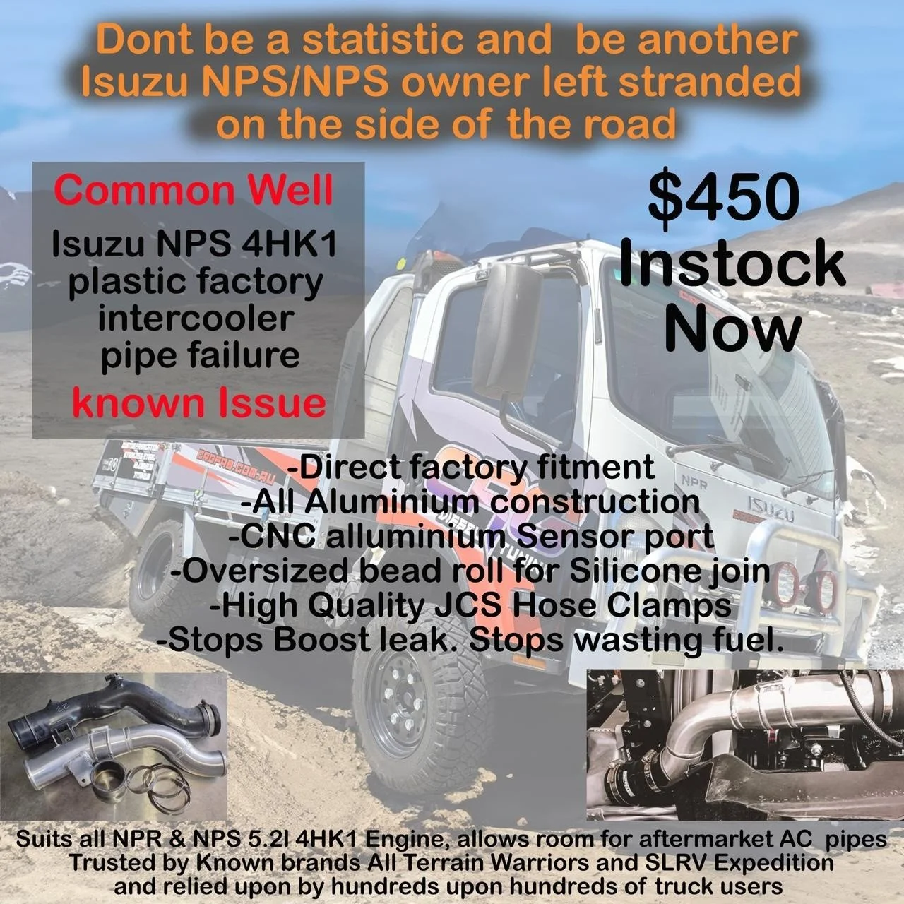 Isuzu truck intercooler pipe. 

A known issue. Factory plastic intercooler boost pipes coming off leaving trades and adventure truckers stranded. 

Our all Alluminium pipe is a direct factory replacement. Clamping down tight with world class fabricat