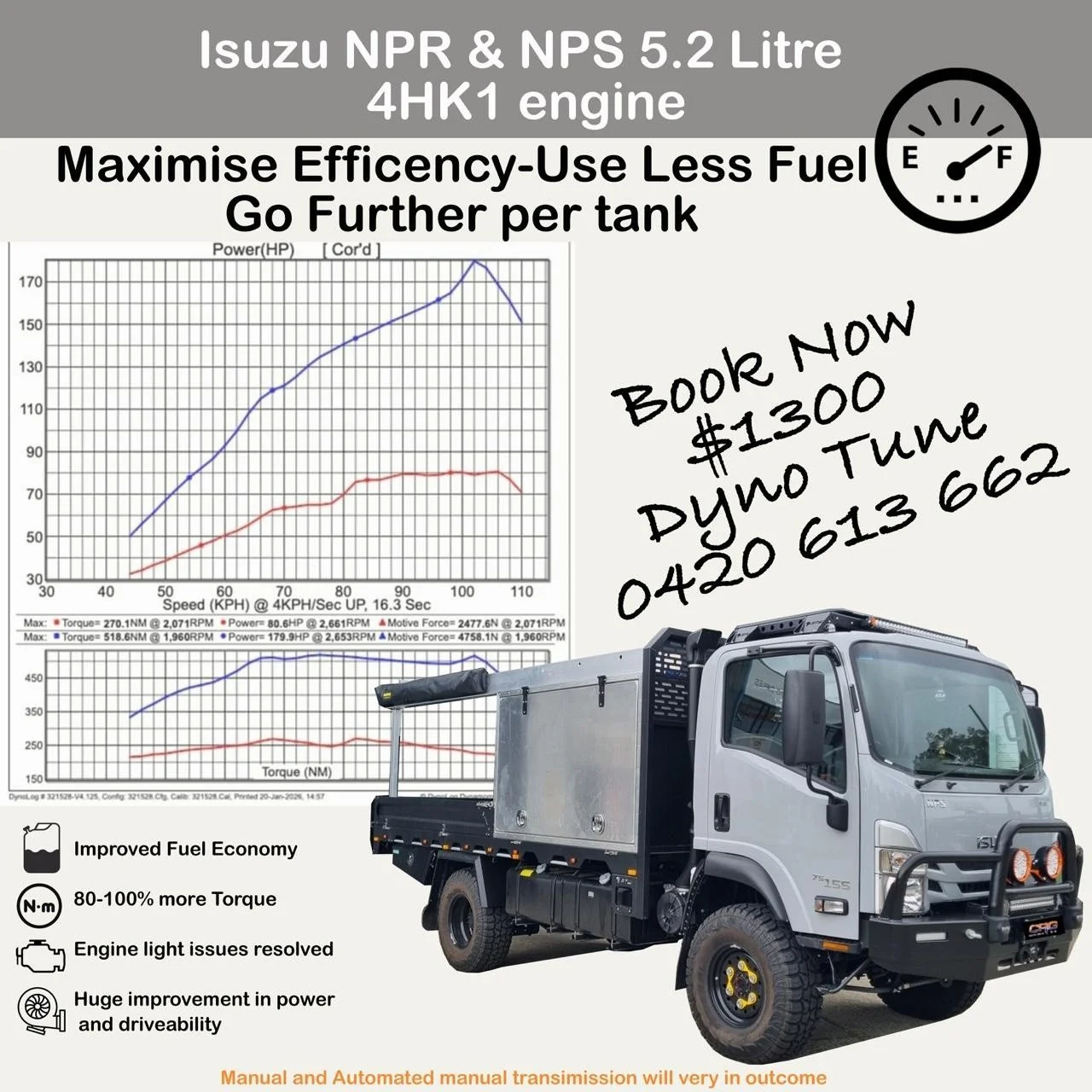 More kms - less fuel. 

These days enquiries about fuel efficiency and usage economy are more common than out right performance. 

And Yes our tuning does improve fuel usage in particular for high way driving. 

The  5.2 litre Isuzu NPR and NPS truck