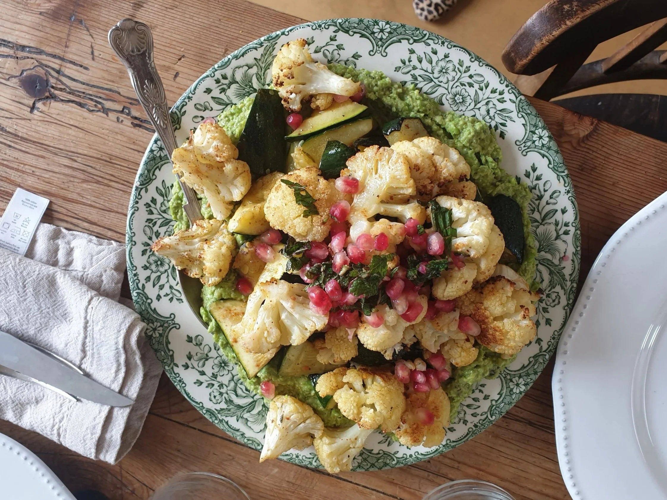 Spiced roast cauliflower and courgette with a pea mint puree