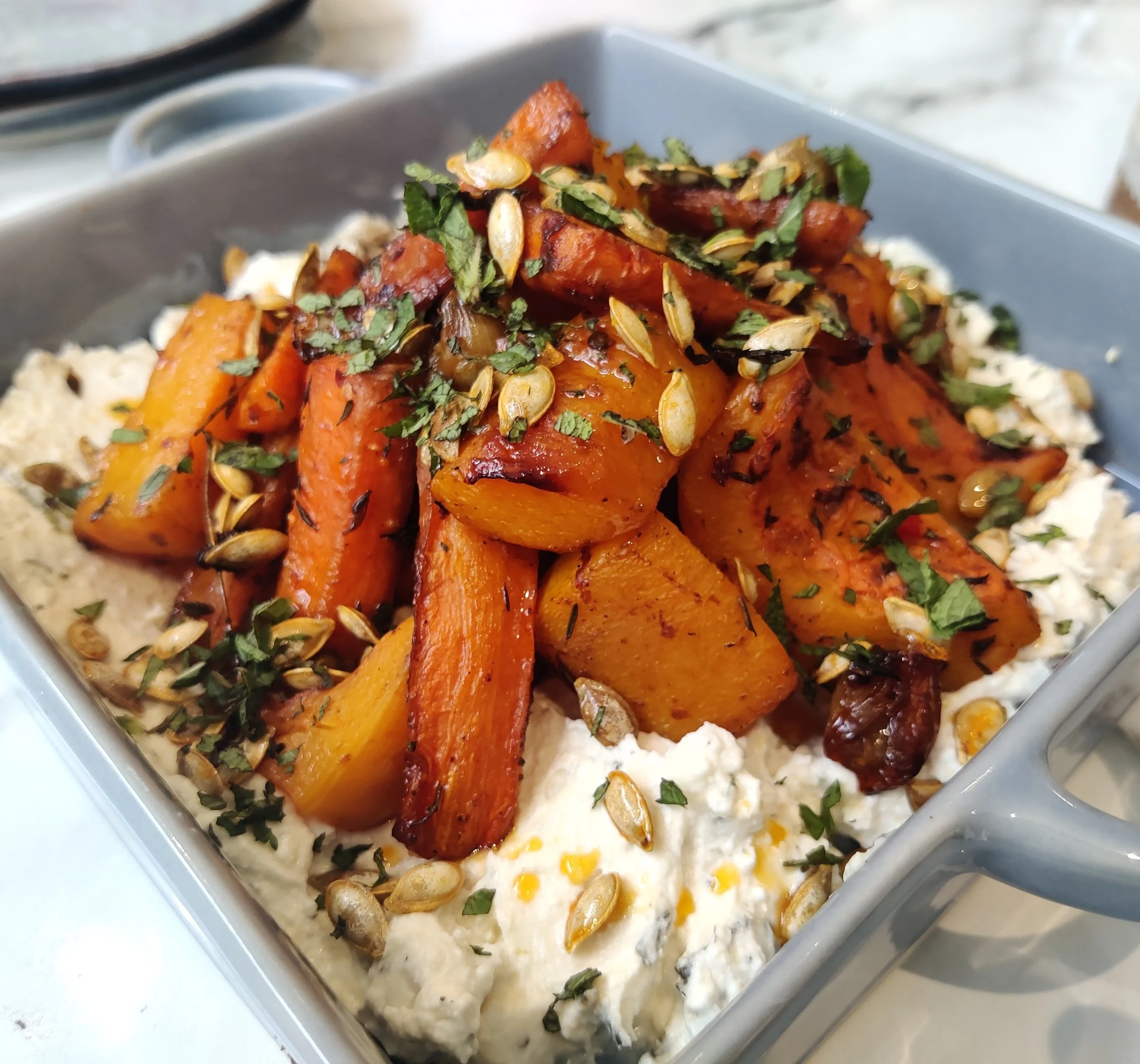 Whipped feta with carrots, honey & mixed seeds