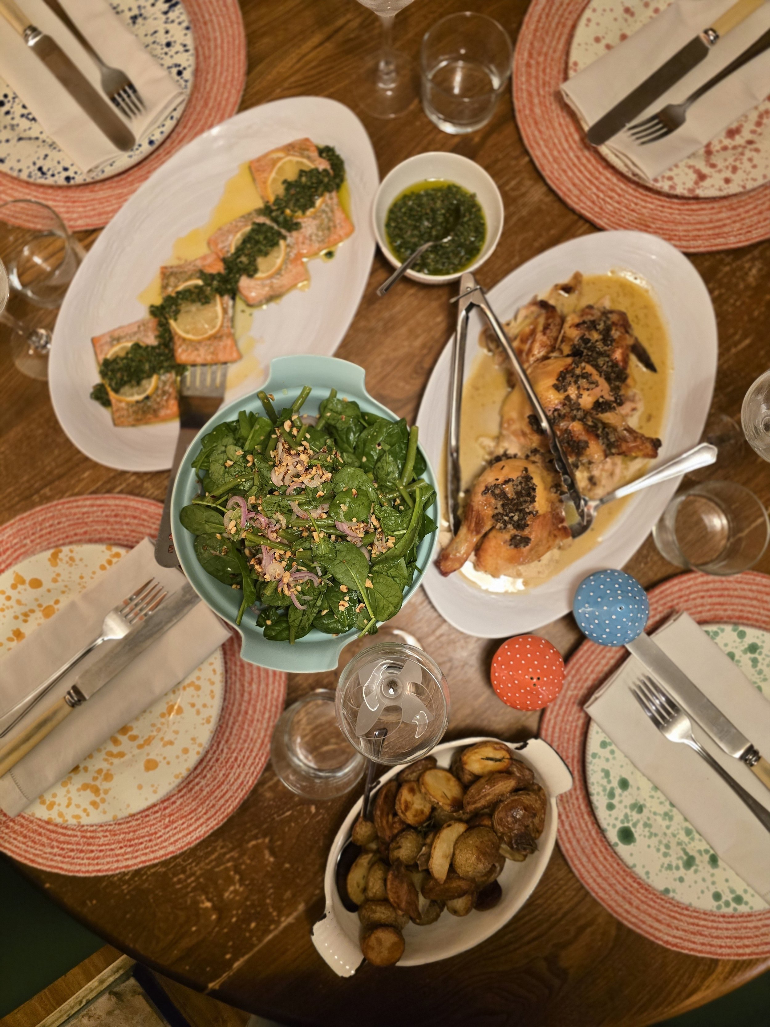 Chicken and morels with trout and gremolata