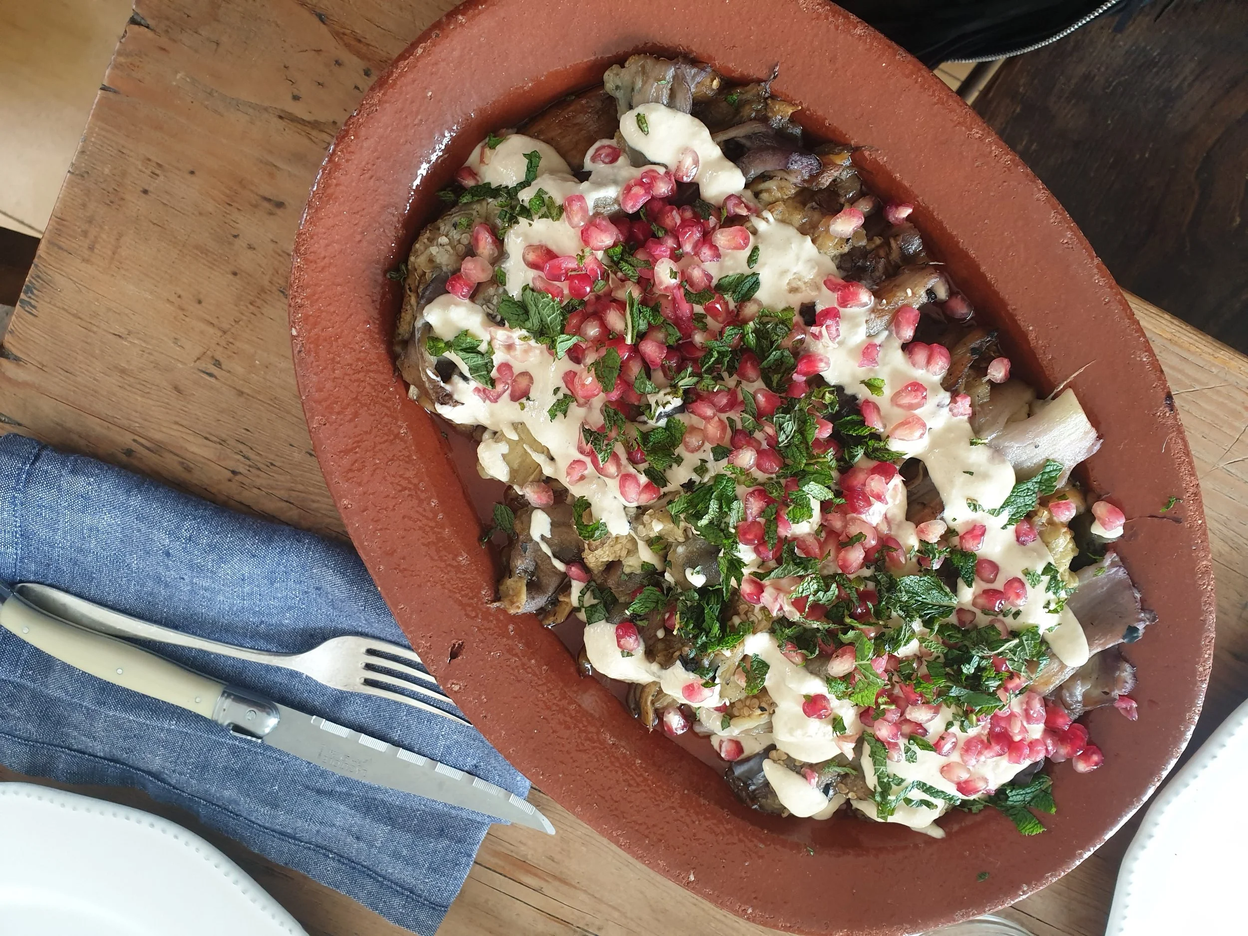 Smoked roast aubergines with tahini sauce & pomegrante