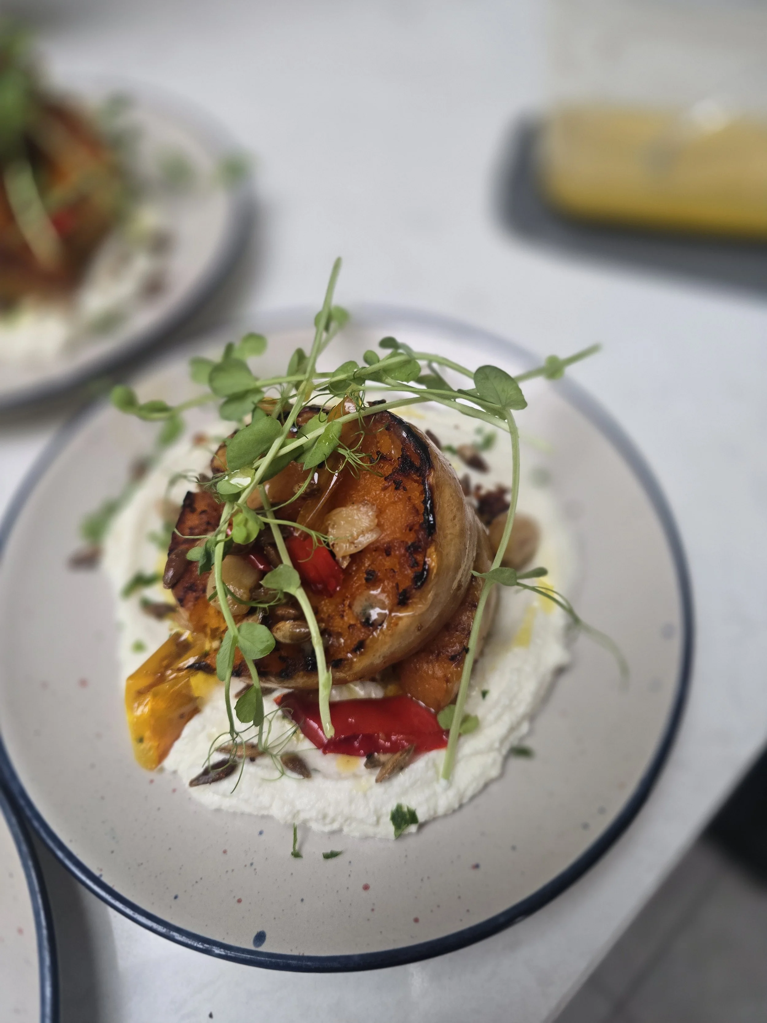 Chilli and garlic roast squash with lebnah