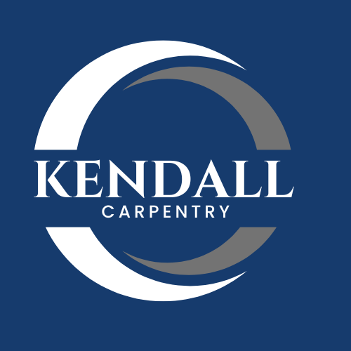Kendall Carpentry logo with a circular design in white and gray on a navy blue background.