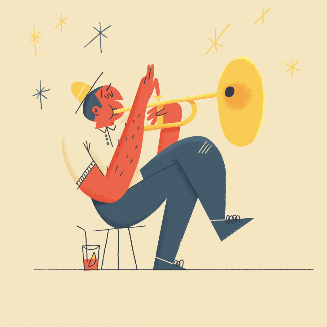 A person sitting on a stool playing a trumpet, wearing a hat and a short-sleeved shirt with a drink on the table nearby, surrounded by star-like decorations.