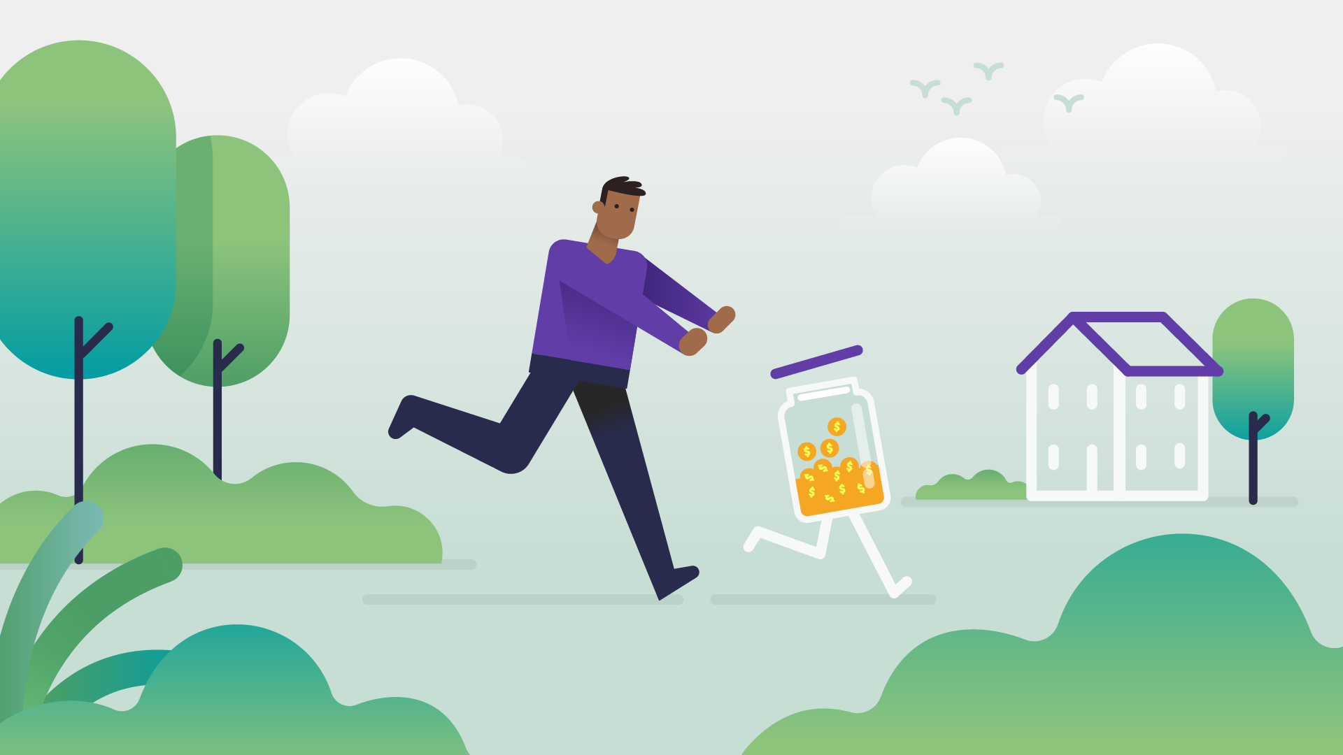 man chasing money jar