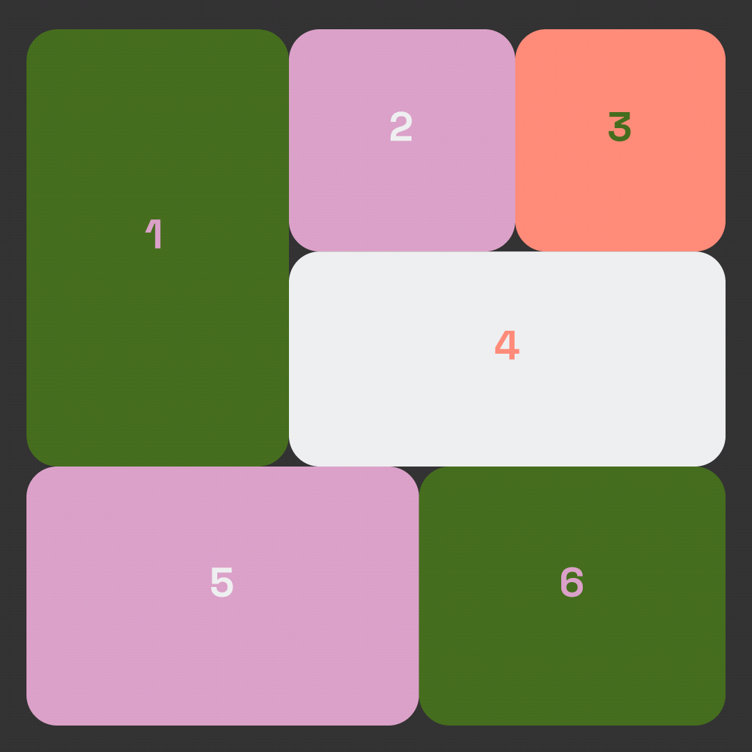 Six-cell numbered grid animation in a Benko box style, built in Cavalry with green, pink, coral and white panels