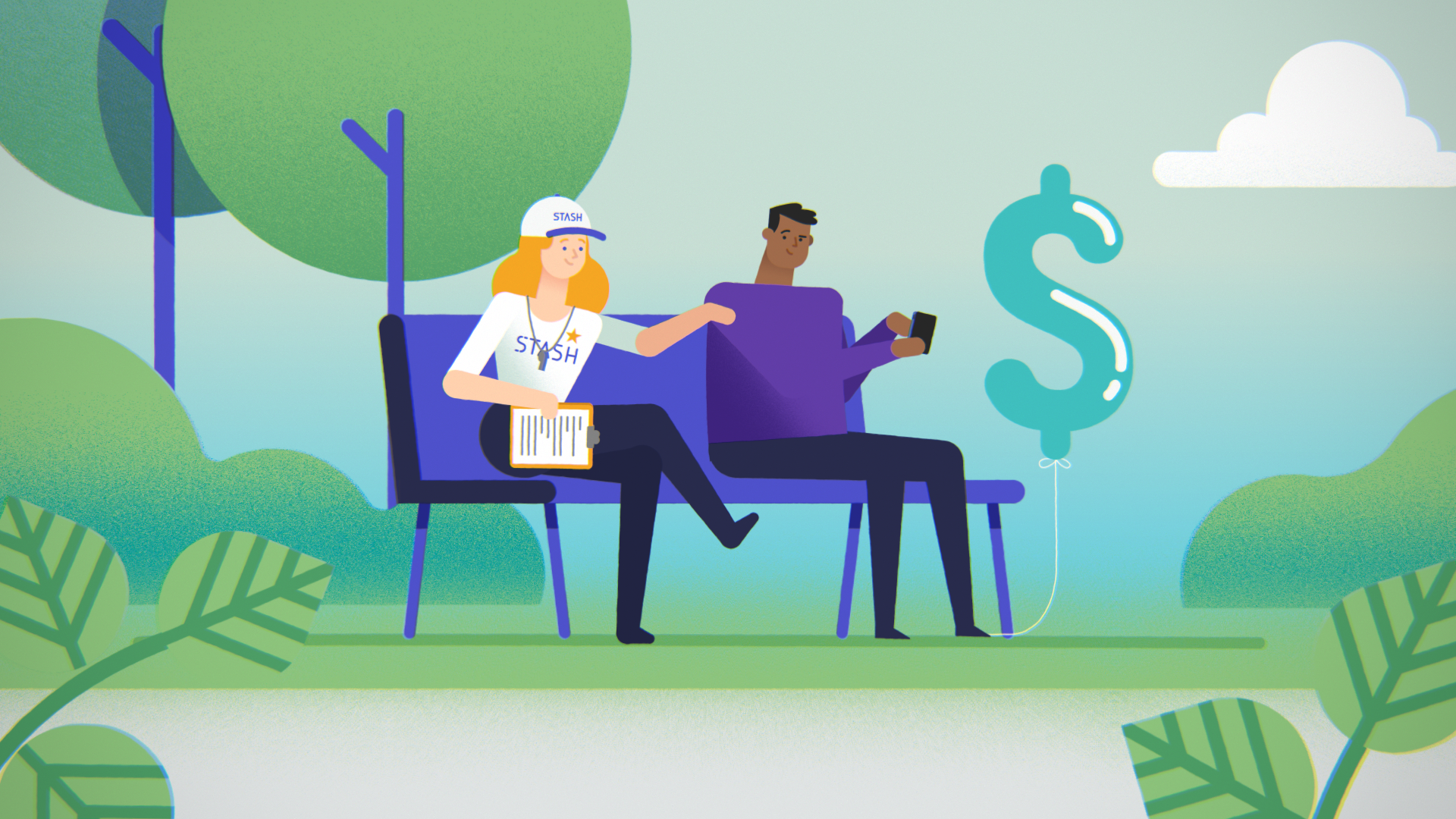 a lady helping someone on a park bench with a questionaire